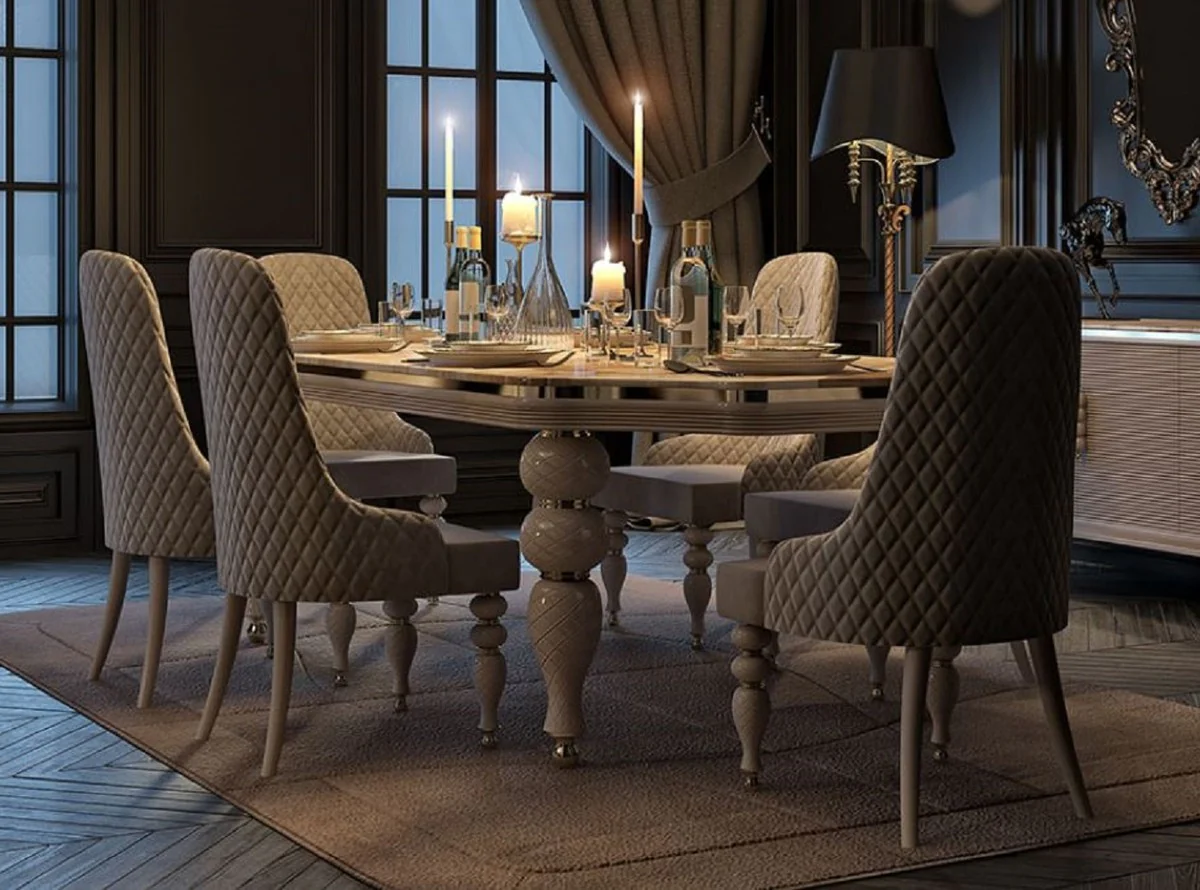 Luxus Art Deco Esszimmer Set Grau / Weiß / Gold - 1 Art Deco Esstisch mit Kunstmarmor Tischplatte & 6 Art Deco Esszimmerstühle - Art Deco Esszimmer Möbel - Luxus Qualität