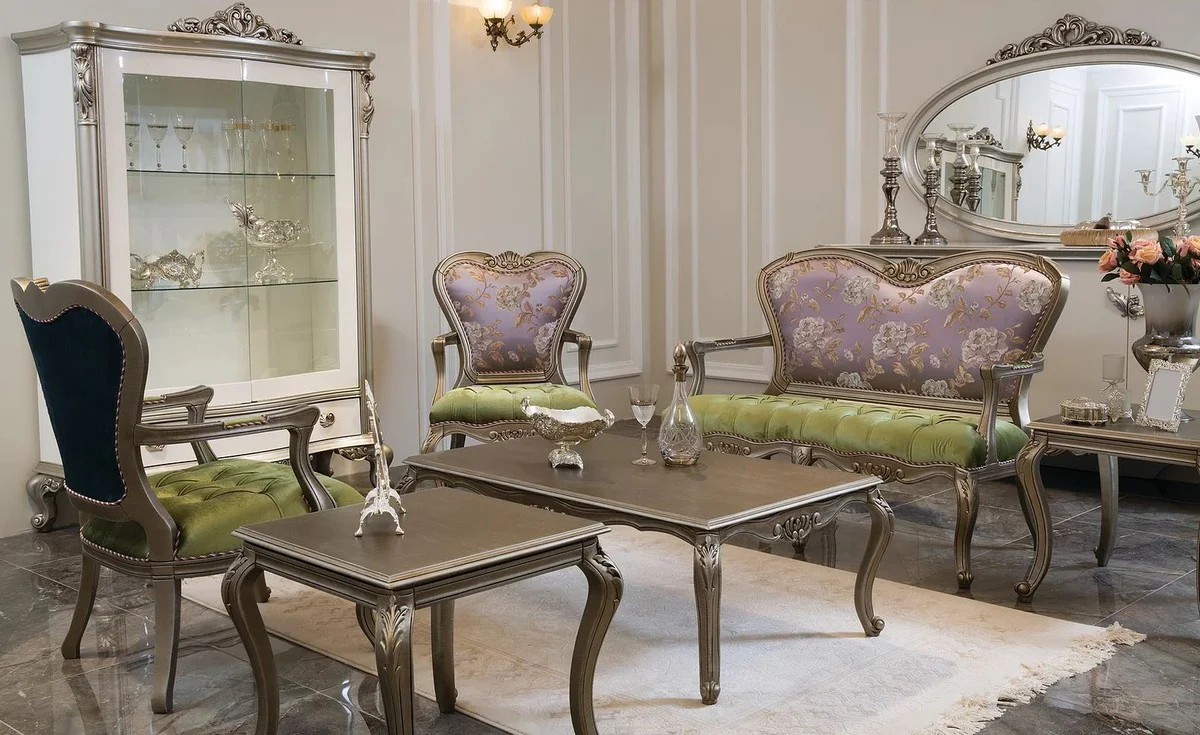 Luxus Barock Couchtisch Silber 125 x 70 x H. 41 cm - Massivholz Wohnzimmertisch - Edle Barock Möbel