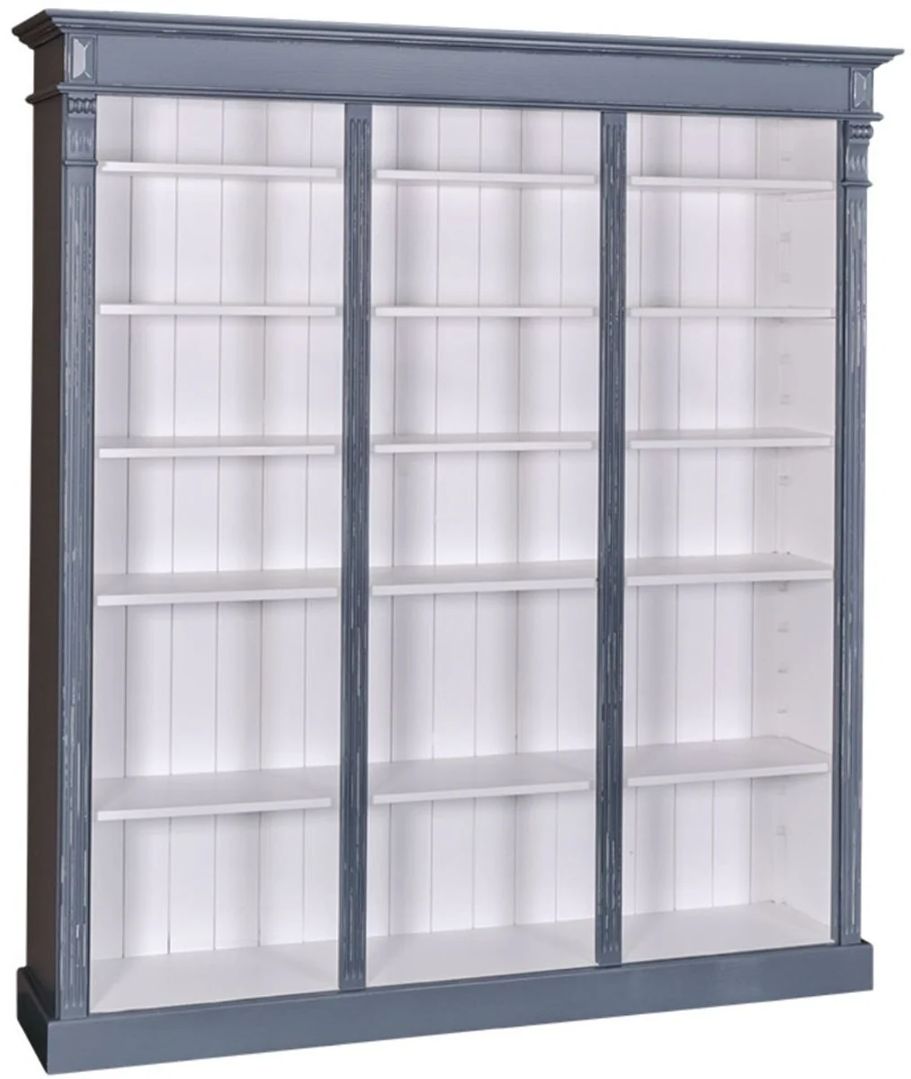 Landhausstil Bücherschrank Antik Blau / Weiß 180 x 39 x H. 197 cm - Massivholz Schrank - Regalschrank - Wohnzimmerschrank - Landhausstil Möbel