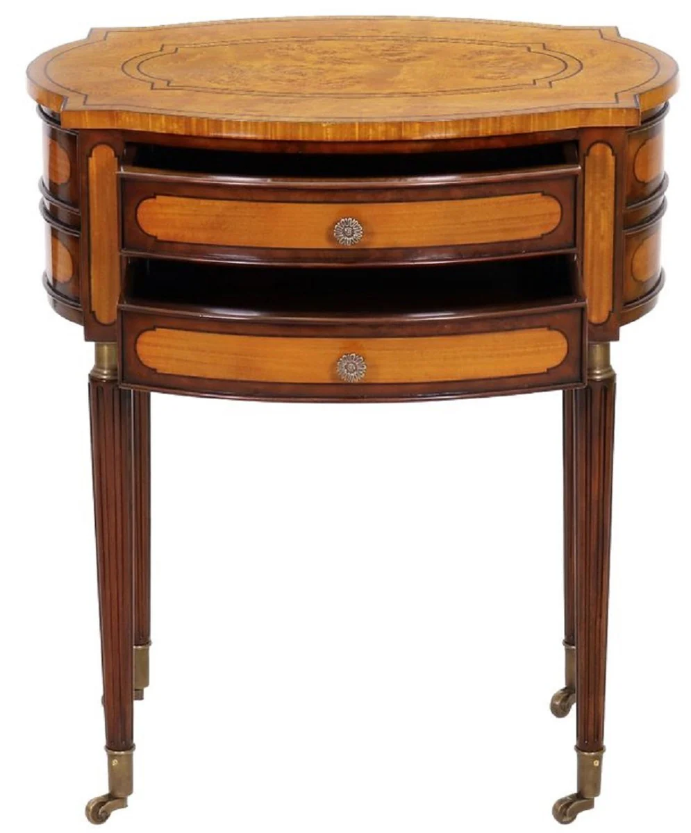 Luxus Jugendstil Nachtkommode Hellbraun / Dunkelbraun - Eleganter Massivholz Nachttisch mit 2 Schubladen und Rollen - Barock & Jugendstil Schlafzimmer Möbel