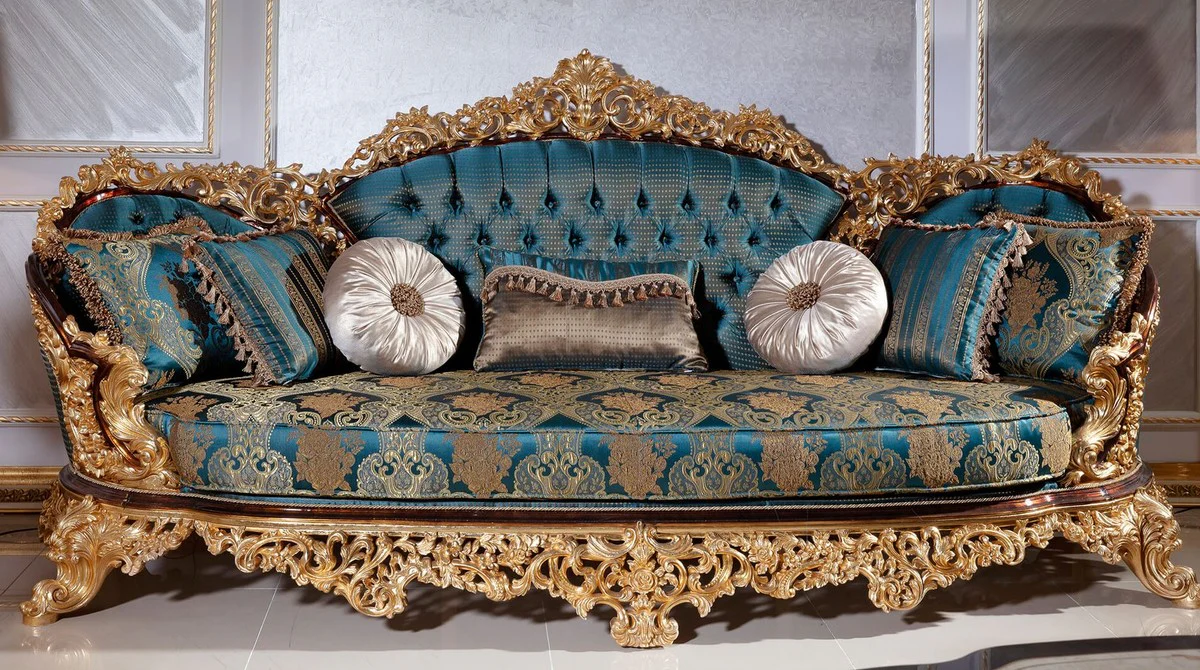 Luxus Barock Sofa Blau / Beige / Braun / Gold - Prunkvolles Wohnzimmer Sofa mit elegantem Muster - Barock Wohnzimmer Möbel - Edel & Prunkvoll
