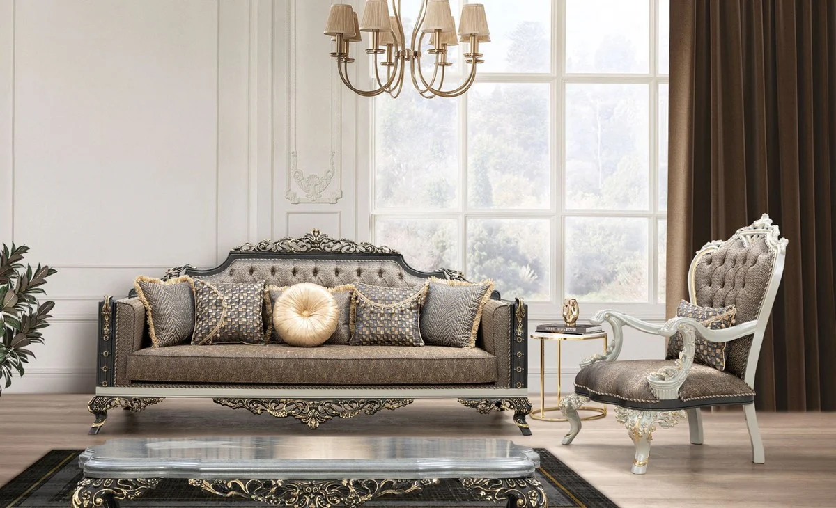 Luxus Barock Sofa Blau / Gold / Grau / Weiß / Gold - Prunkvolles Wohnzimmer Sofa mit elegantem Muster - Barock Wohnzimmer Möbel