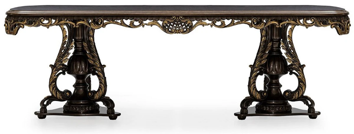 Luxus Barock Esszimmer Set Grau / Braun / Gold - 1 Barock Esstisch & 8 Barock Esszimmerstühle - Luxus Esszimmer Möbel im Barockstil - Prunkvolle Barock Esszimmer Möbel