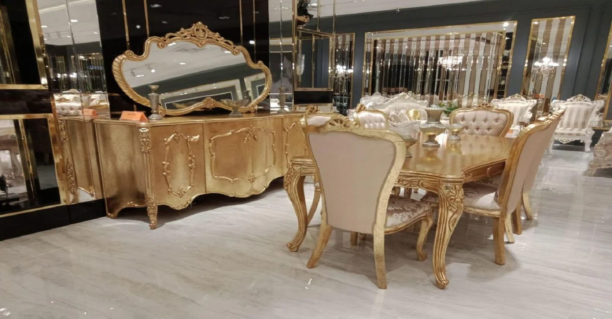 Luxus Barock Esszimmer Set Rosa / Gold - 1 Barock Esstisch & 6 Barock Esszimmerstühle mit elegantem Muster - Esszimmer Möbel im Barockstil - Edel & Prunkvoll