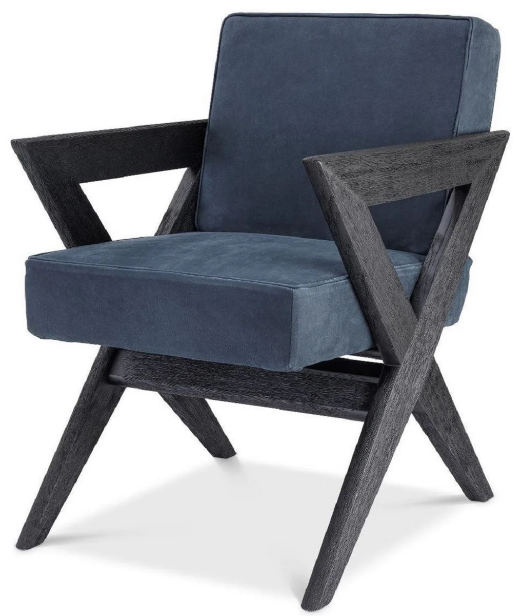 Luxus Echtleder Esszimmerstuhl mit Armlehnen Blau / Schwarz 59 x 74 x H. 88 cm - Küchenstuhl mit edlem Nubuk Büffelleder - Luxus Esszimmer Möbel