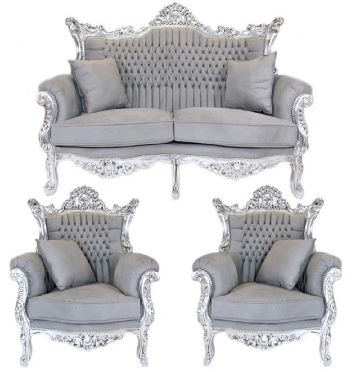 Barock Wohnzimmer Set Master Grau / Silber - 2er Sofa + 2 Sessel