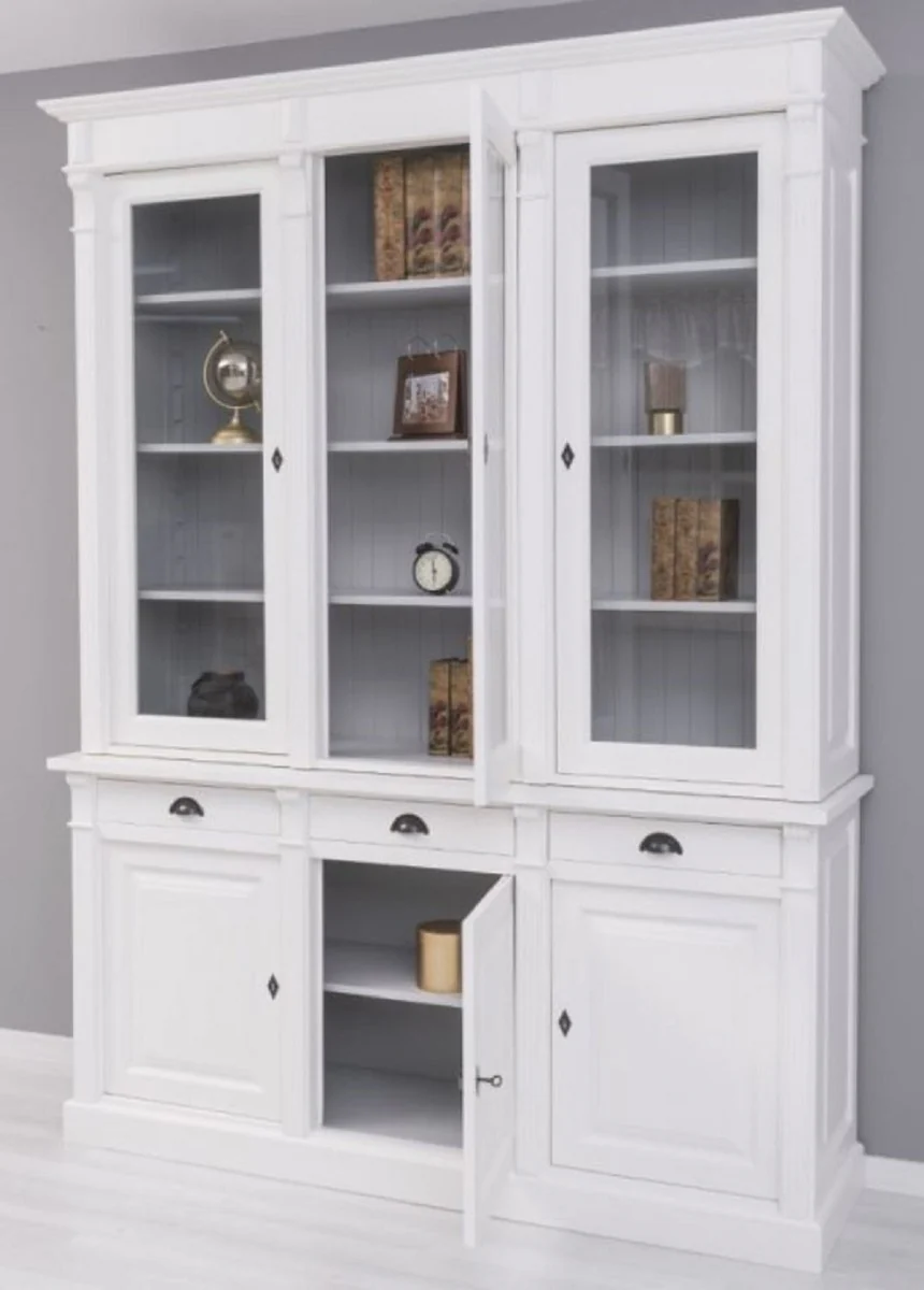 Landhausstil Bücherschrank Weiß / Grau 183 x 51 x H. 240 cm - Massivholz Schrank - Regalschrank - Wohnzimmerschrank - Büroschrank - Landhausstil Möbel