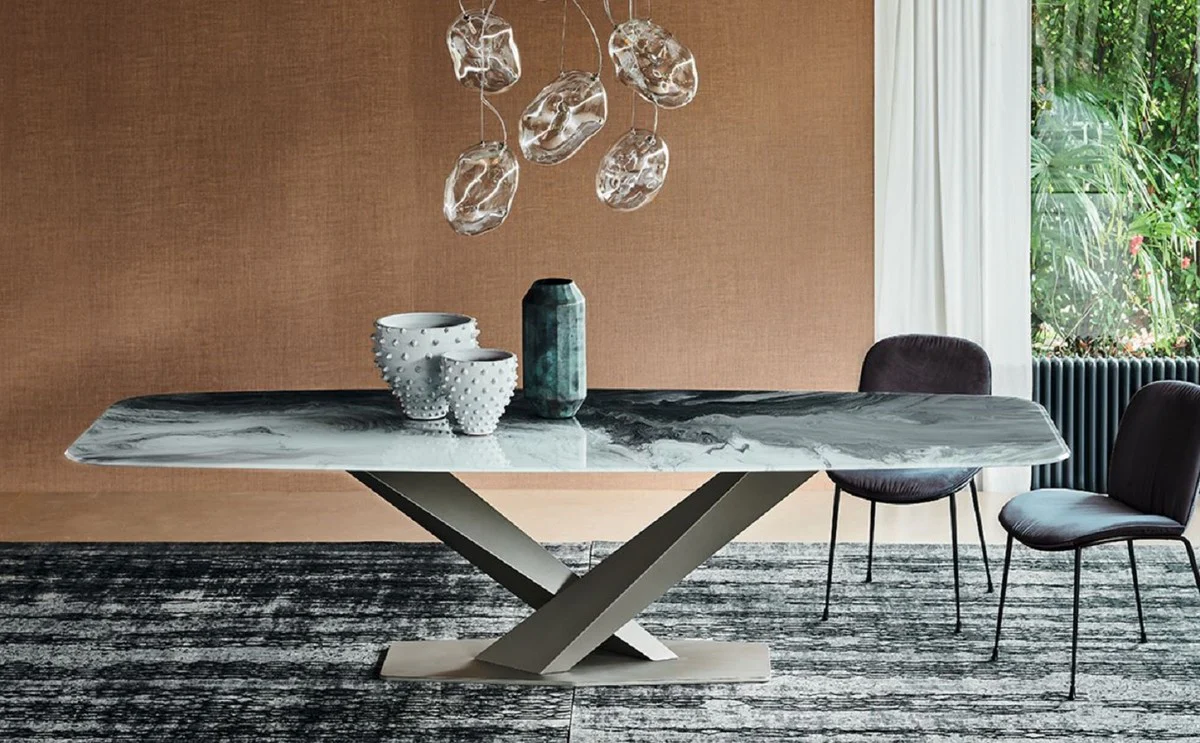 Luxus Esstisch Mehrfarbig / Titanfarben 300 x 120 x H. 75 cm - Moderner Esszimmertisch mit Glasplatte - Luxus Esszimmer Möbel - Luxus Qualität - Made in Italy