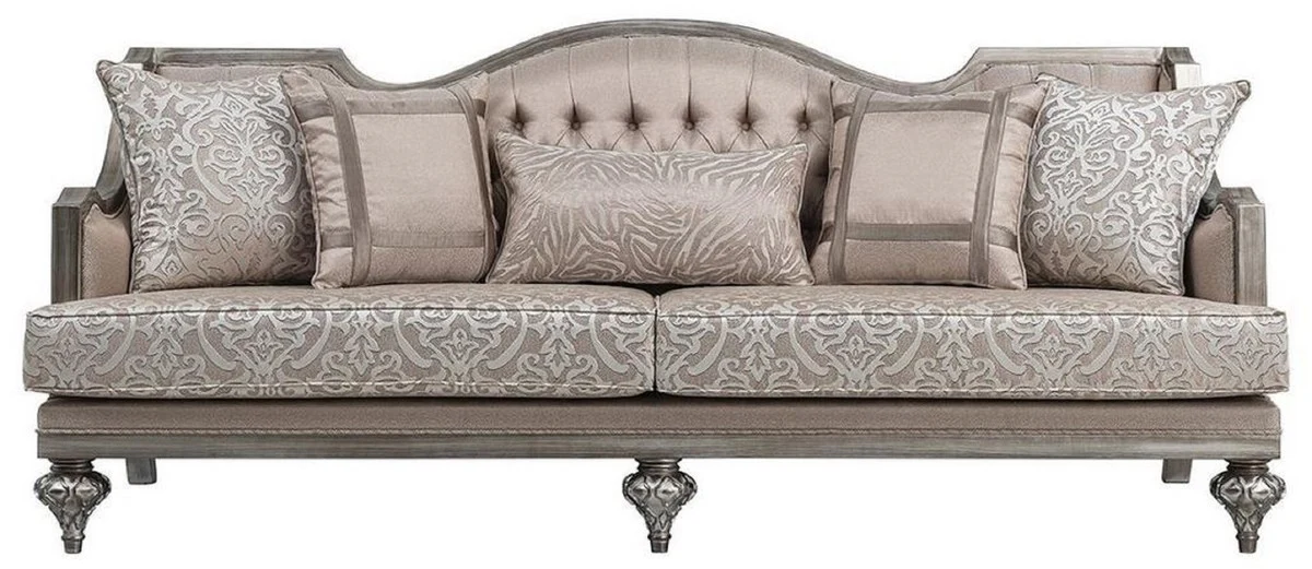 Luxus Barock Wohnzimmer Sofa Rosa / Silber - Handgefertigtes Massivholz Sofa mit elegantem Muster und dekorativen Kissen - Wohnzimmer Möbel im Barockstil
