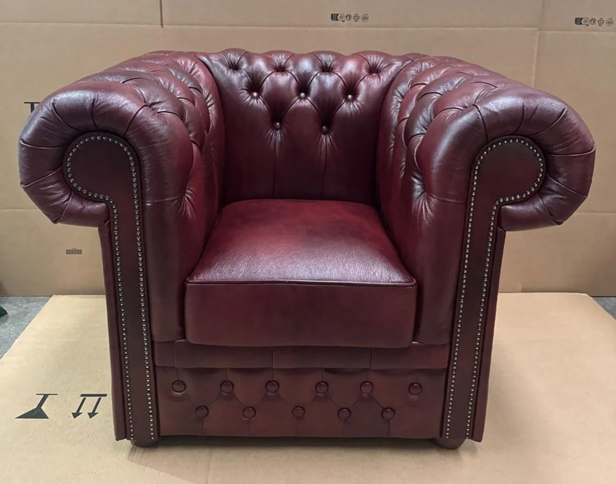 Luxus Chesterfield Leder Sessel Bordeauxrot / Dunkelbraun - Chesterfield Möbel