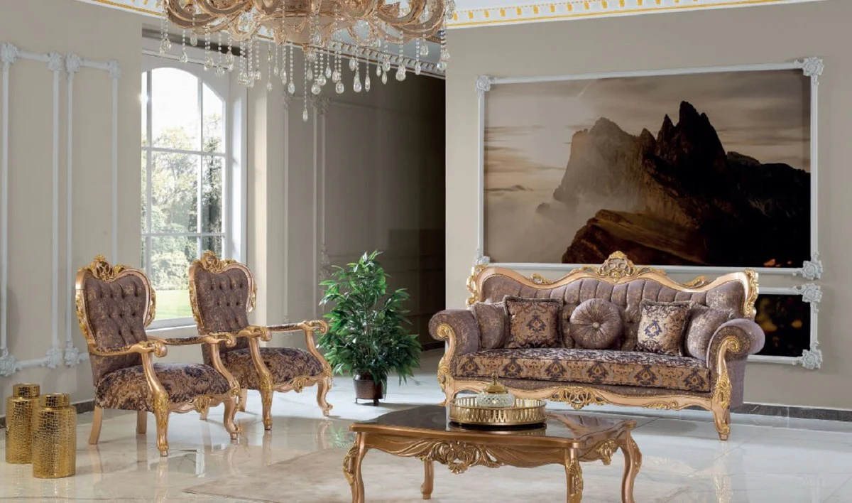 Luxus Barock Wohnzimmer Set Lila / Grau / Gold - 2 Sofas & 2 Sessel & 1 Couchtisch - Handgefertigte Wohnzimmer Möbel im Barockstil - Edel & Prunkvoll