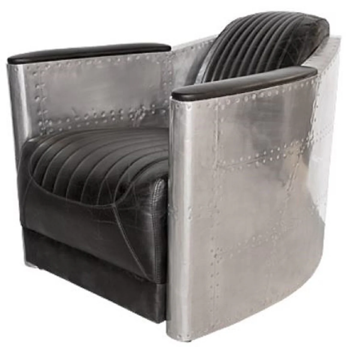 Art Deco Aluminium Echtleder Sessel Schwarz / Silber 74,5 x 94 x H. 78 cm - Club Sessel - Lounge Sessel - Flugzeug Flieger Möbel