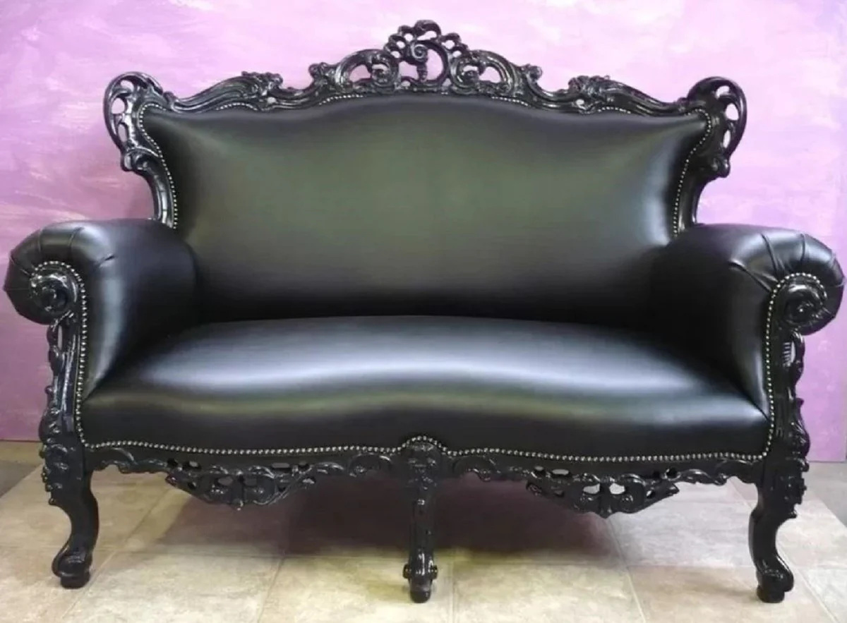Luxus Barock Leder Sofa Schwarz - Prunkvolles Wohnzimmer Sofa im Barockstil - Barock Möbel - Luxus Qualität - Made in Italy