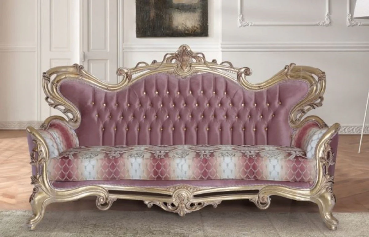 Luxus Barock Sofa Rosa / Weiß / Gold - Handgefertigtes Barockstil Wohnzimmer Sofa mit elegantem Muster - Barock Wohnzimmer Möbel