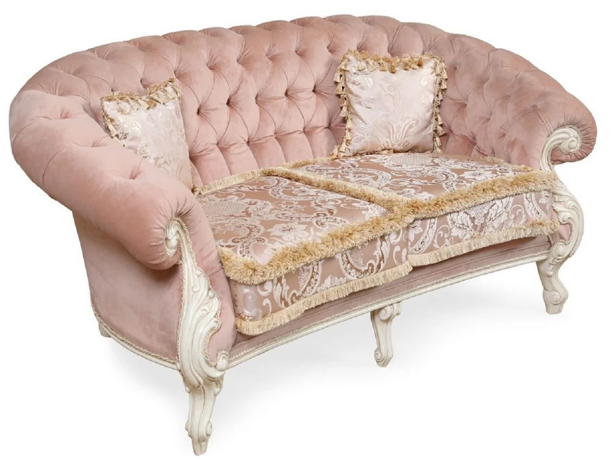 Luxus Barock Wohnzimmer Sofa Rosa / Cremeweiß - Handgefertigtes Barockstil Sofa - Prunkvolle Luxus Wohnzimmer Möbel im Barockstil - Barock Möbel