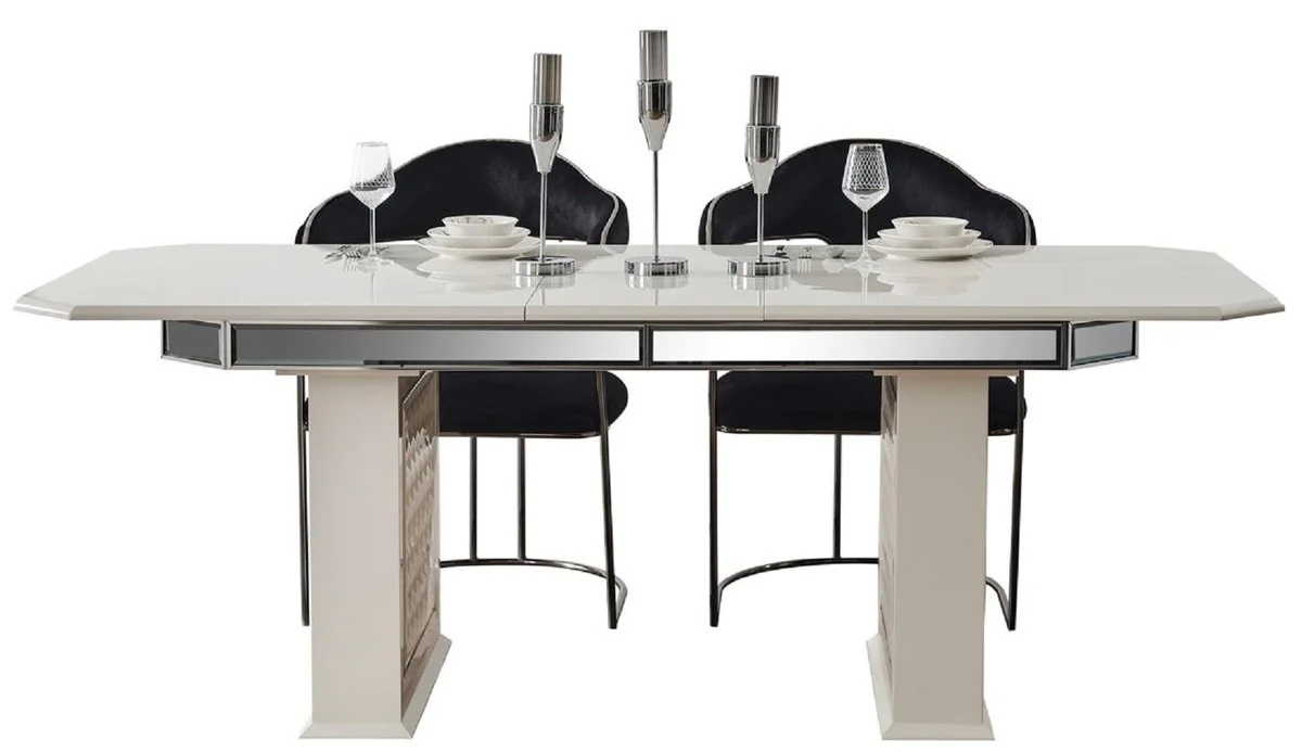 Luxus Art Deco Esszimmer Set Schwarz / Weiß / Bronze - 1 Ausziehbarer Esstisch & 6 Esszimmerstühle mit Armlehnen - Esszimmer Möbel - Art Deco Möbel - Luxus Möbel