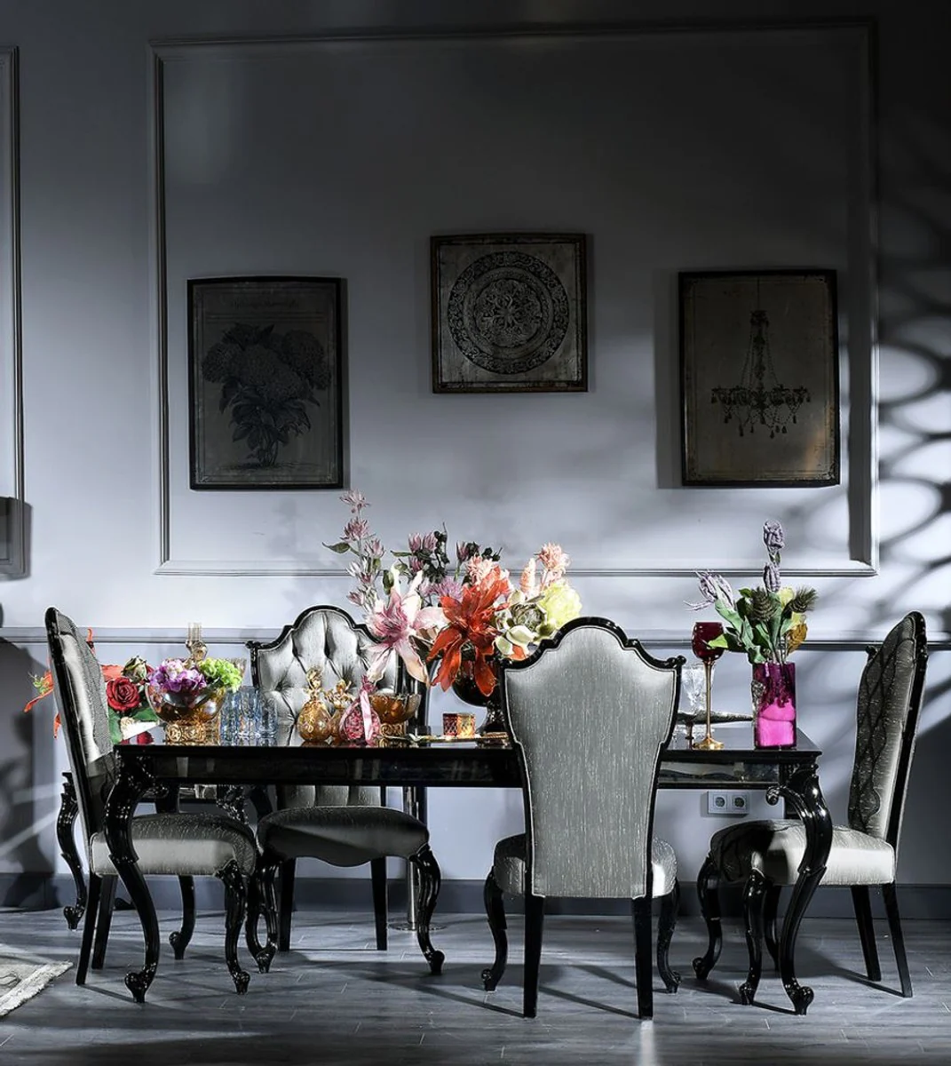 Luxus Barock Esszimmer Set Silber / Grau / Schwarz - 1 Esstisch & 6 Esszimmerstühle - Esszimmermöbel im Barockstil - Luxus Qualität - Made in Italy