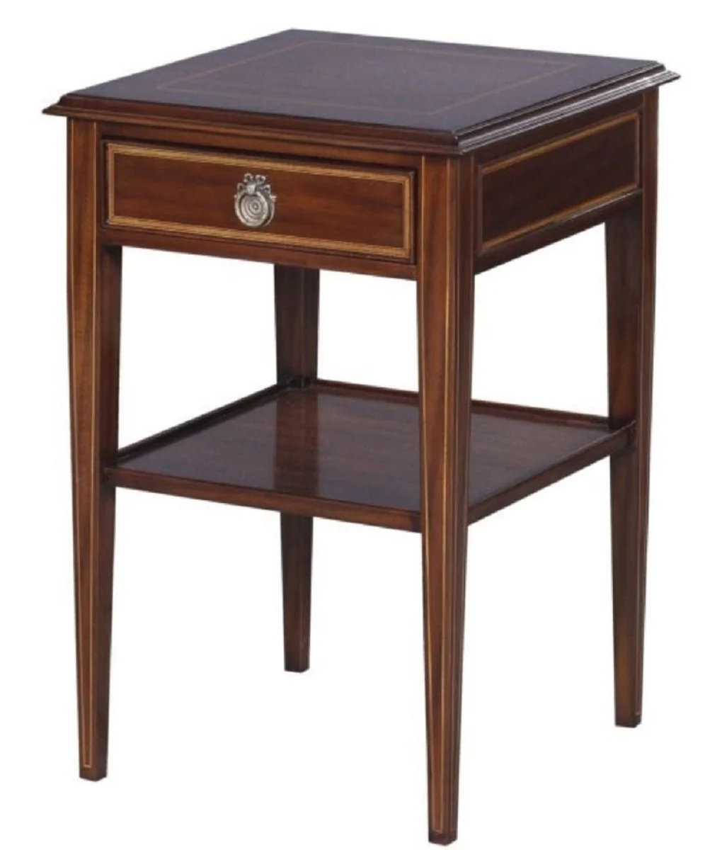 Luxus Jugendstil Mahagoni Holz Wohnzimmer Beistelltisch mit Schublade Dunkelbraun / Gold 40 x 40 x H. 61 cm - Luxus Qualität
