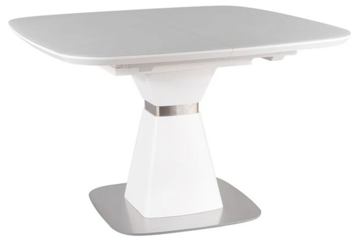 Luxus Esstisch Matt Weiß / Silber 120-160 x 120 x H. 76 cm - Moderner ausziehbarer Esszimmertisch mit gehärteter Glasplatte - Esszimmer Möbel