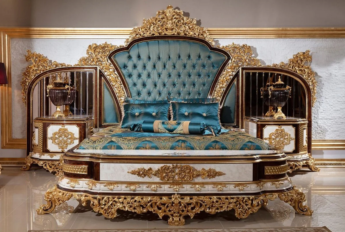 Luxus Barock Nachtkommoden Set Weiß / Braun / Gold - Prunkvolle Massivholz Nachttische - Barock Schlafzimmer Möbel - Edel & Prunkvoll