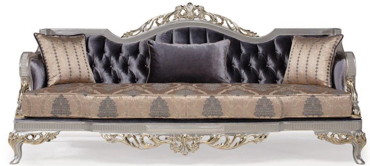 Luxus Barock Wohnzimmer Sofa mit Kissen Lila / Beige / Silber / Gold 228 x 93 x H. 108 cm - Barockmöbel