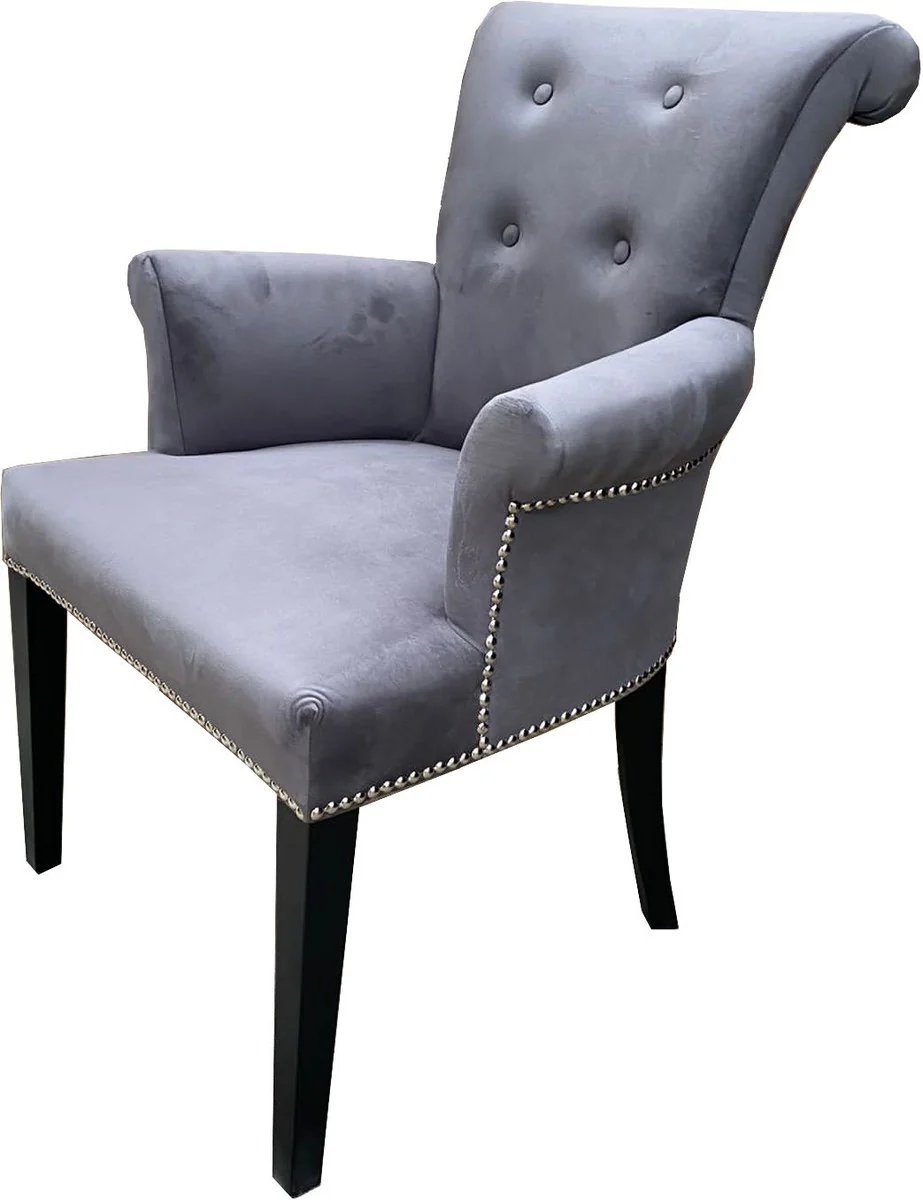 Luxus Esszimmerstuhl 4er Set Grau / Schwarz - Massivholz Küchenstühle mit Armlehnen und edlem Samtstoff - Luxus Esszimmer & Restaurant Möbel