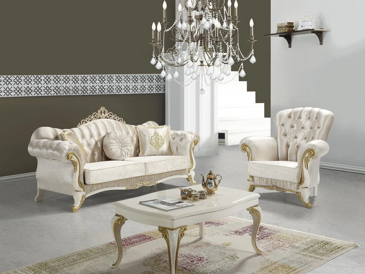 Barock Couchtisch Creme / Gold 105 x 74 x H. 50 cm - Rechteckiger Wohnzimmertisch im Barockstil - Barock Möbel