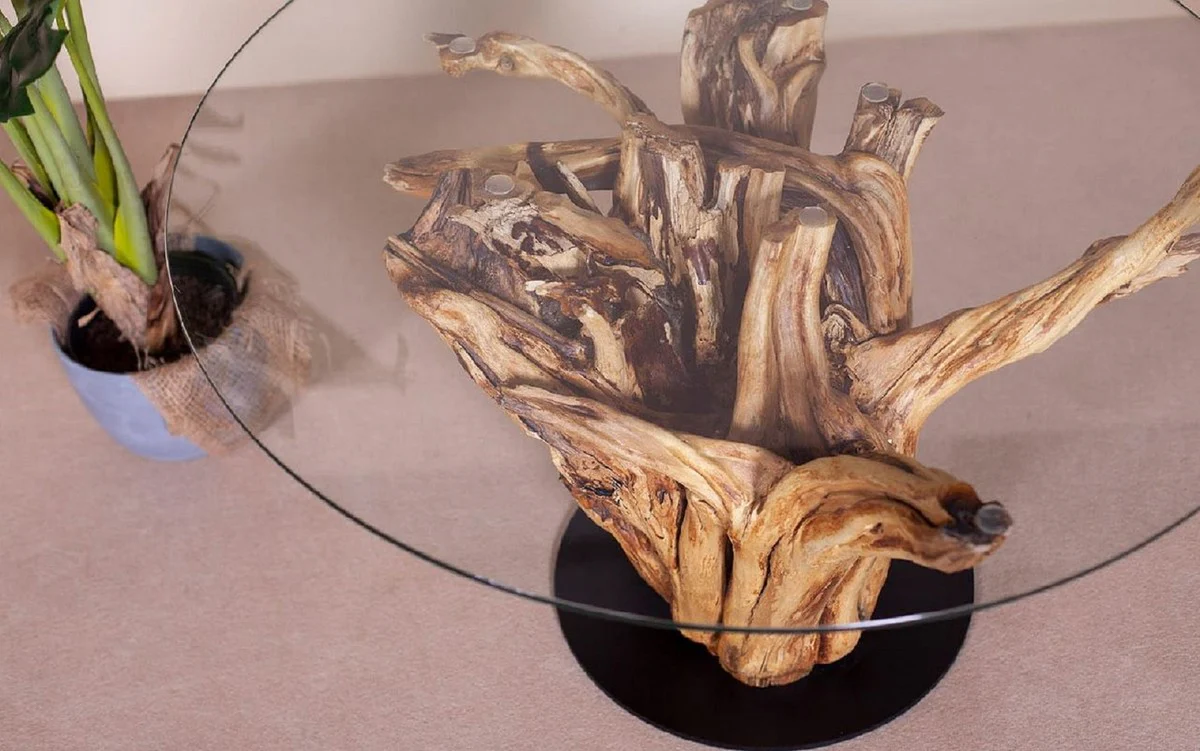 Luxus Couchtisch mit Glasplatte Naturfarben / Schwarz Ø 90 cm