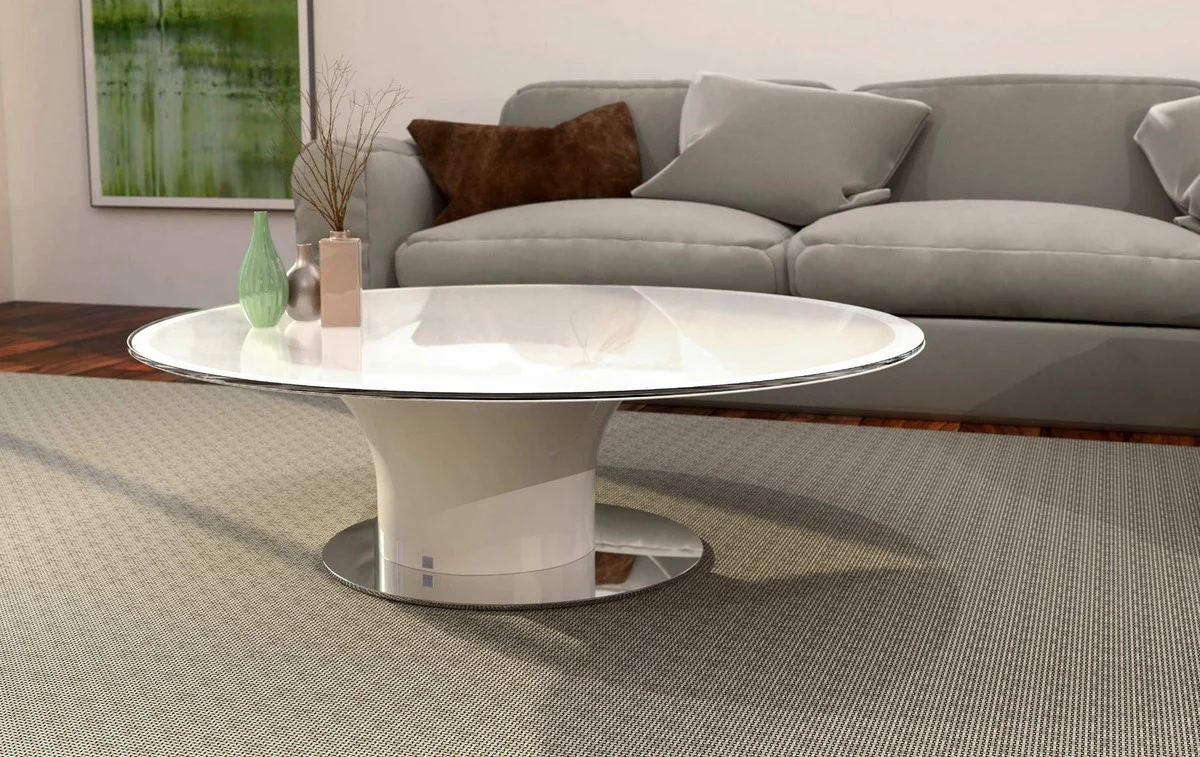 Luxus Couchtisch Hochglanz Weiß / Silber Ø 140 x H. 40 cm - Runder Wohnzimmertisch mit Glasplatte - Luxus Wohnzimmer Möbel