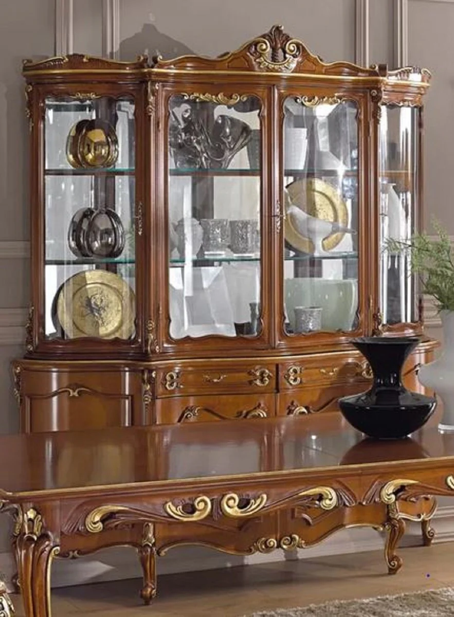 Luxus Barock Vitrine Braun / Gold - Handgefertigter Vitrinenschrank mit 8 Türen und 2 Schubladen - Prunkvolle Barock Möbel - Luxus Qualität - Made in Italy