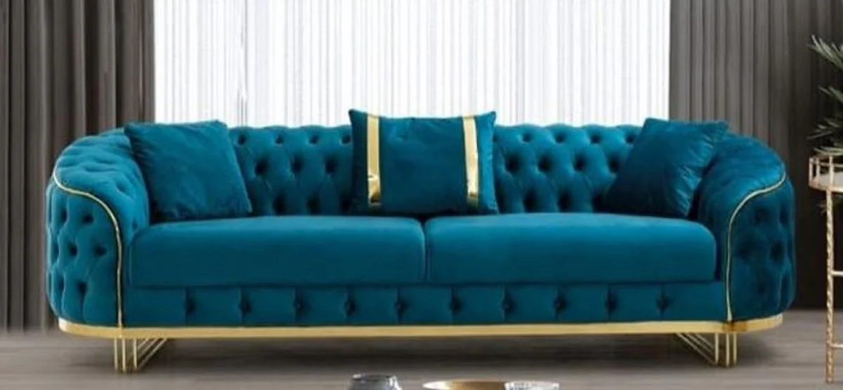 Luxus Chesterfield Sofa Türkis / Gold 240 x 95 x H. 72 cm - Modernes Wohnzimmer Sofa - Chesterfield Wohnzimmer Möbel