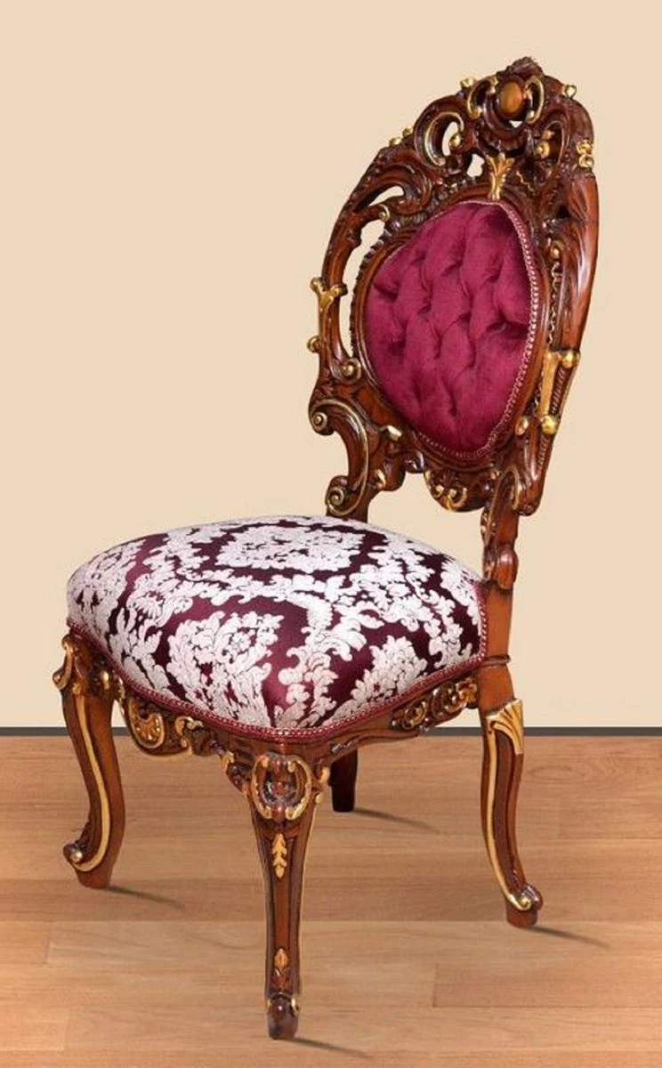 Barock Esszimmerstuhl Bordeauxrot / Cremefarben / Braun / Gold 60 x 50 x H. 120 cm - Prunkvoller Massivholz Küchenstuhl mit edlem Muster - Barock Esszimmer Möbel