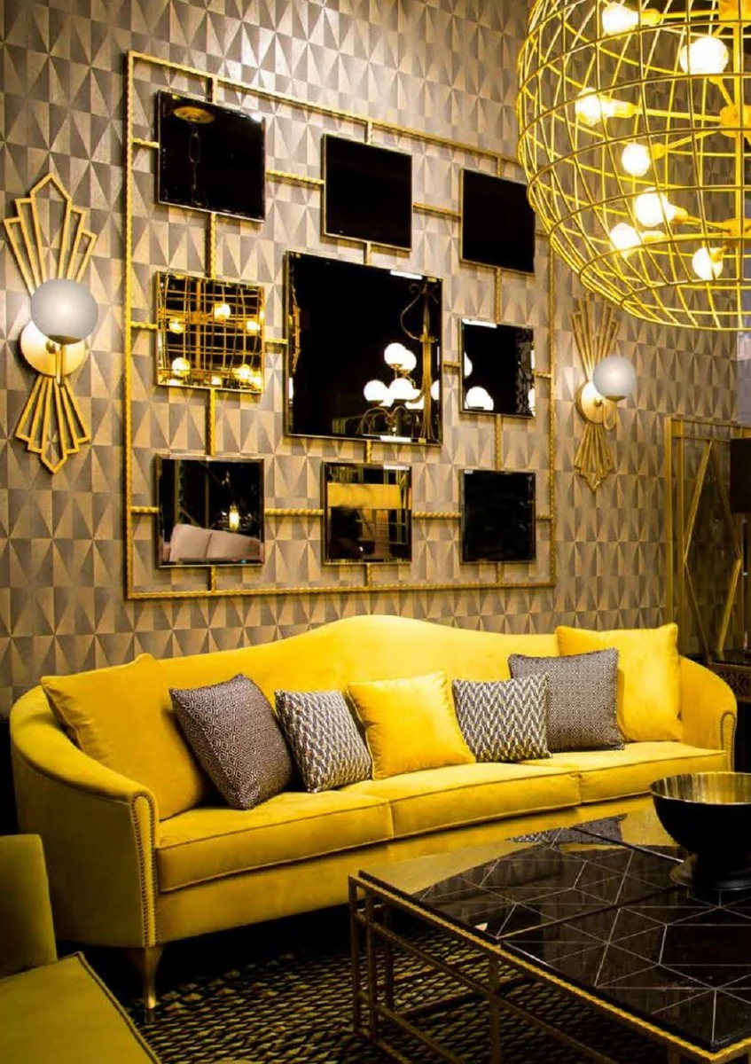 Luxus Barock Samt Sofa Gelb / Gold 280 x 90 x H. 100 cm - Edles Wohnzimmer Sofa mit dekorativen Kissen - Barock Wohnzimmer Möbel - Luxus Qualität