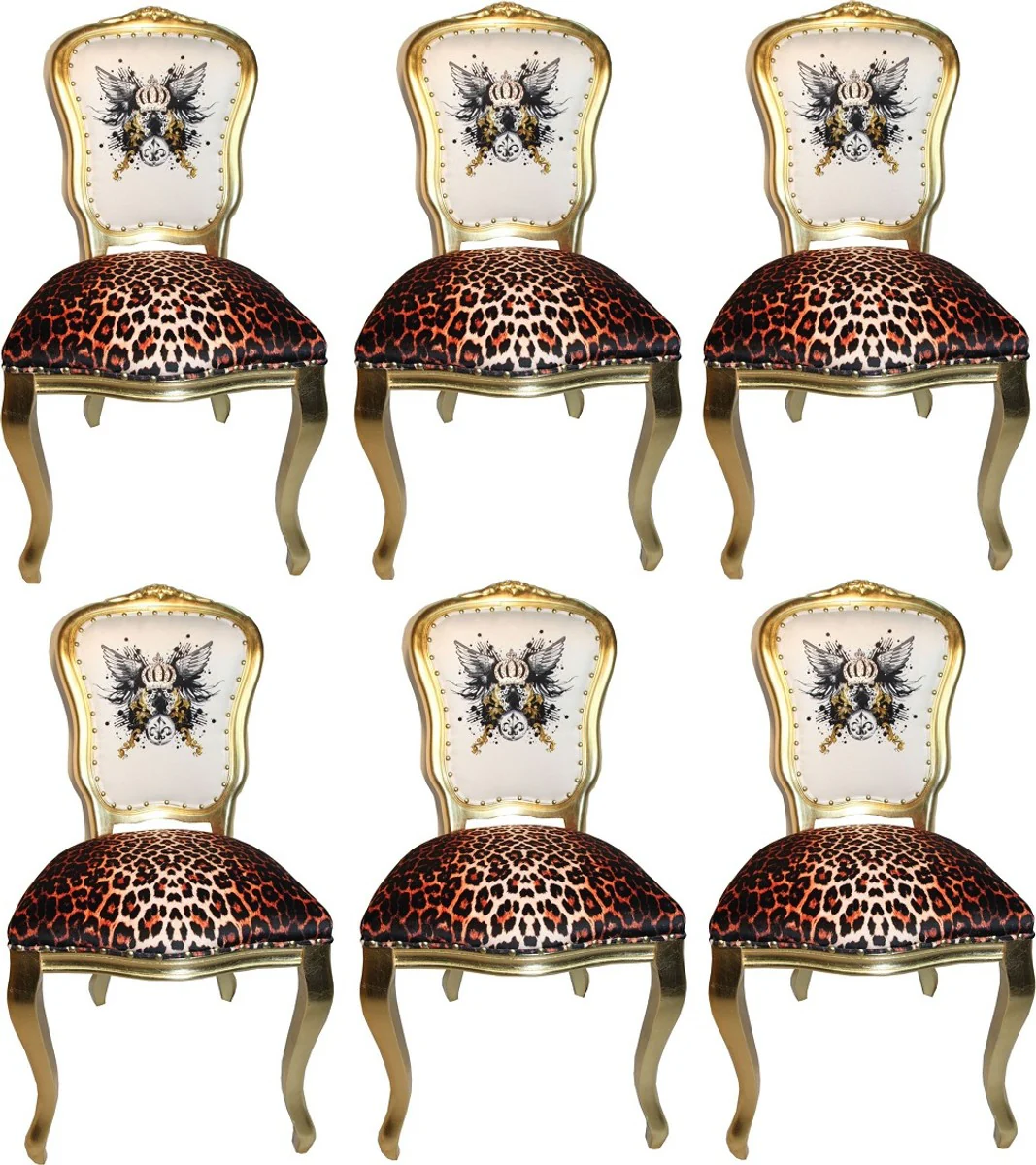 Pompöös by Luxus Barock Esszimmerstühle Glitzerkrone & Engelsflügel Leopard / Weiß / Gold 50 x 60 x H.104 cm - Pompööse Barock Stühle designed by Harald Glööckler - 6 Esszimmerstühle