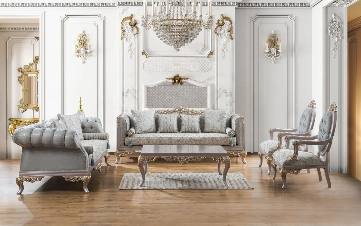 Luxus Barock Wohnzimmer Set Türkis / Silber / Gold - 2 Sofas & 2 Sessel & 1 Couchtisch - Wohnzimmer Möbel im Barockstil - Edel & Prunkvoll