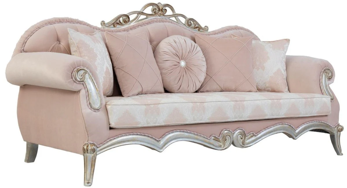 Luxus Barock Wohnzimmer Set Rosa / Silber / Gold - 2 Sofas mit Kissen & 2 Sessel & 1 Couchtisch - Wohnzimmermöbel im Barockstil - Edle Barock Möbel