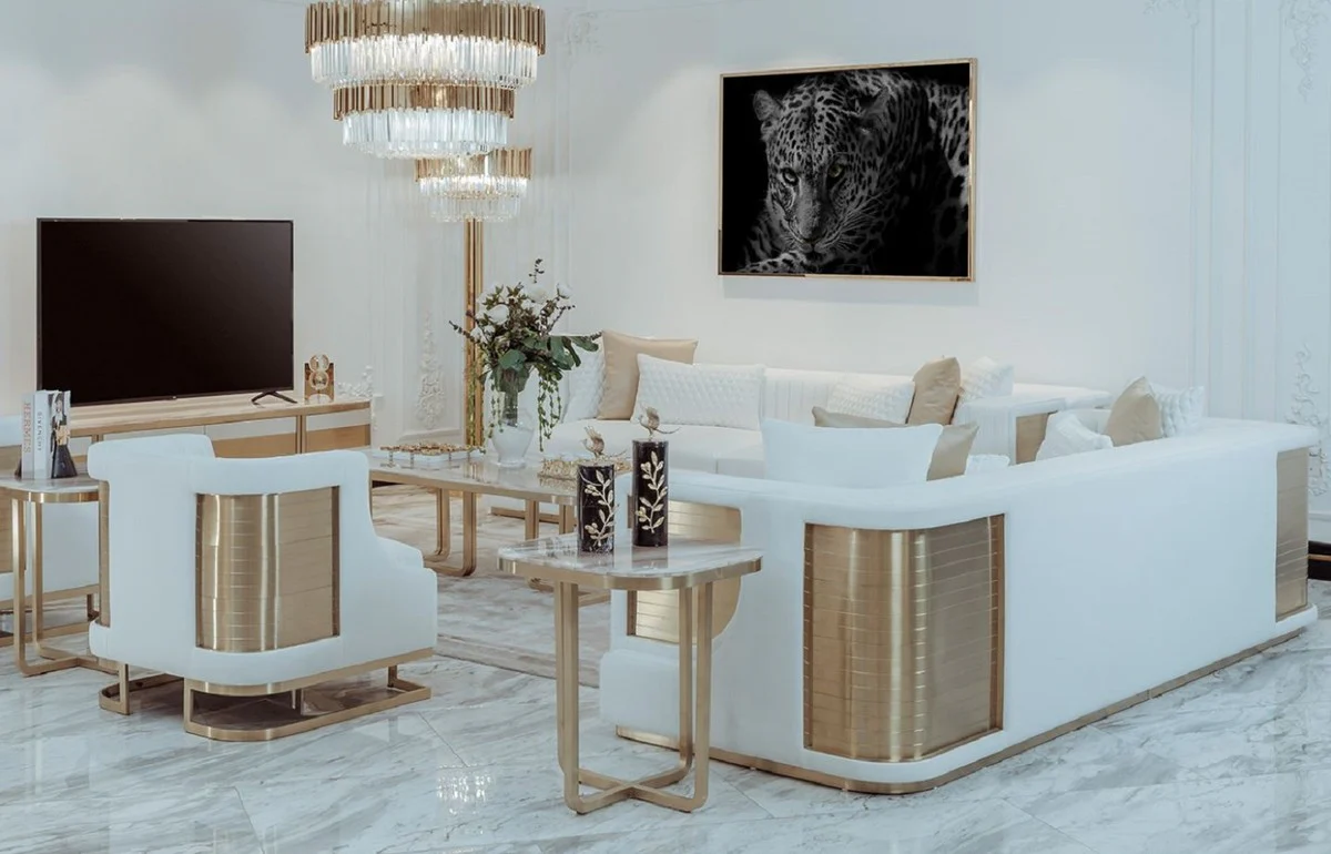 Luxus Sofa Weiß / Gold 290 x 98 x H. 72 cm - Wohnzimmer Sofa - Hotel Sofa - Wohnzimmer Möbel - Wohnzimmer Einrichtung - Hotel Möbel - Luxus Möbel - Luxus Einrichtung