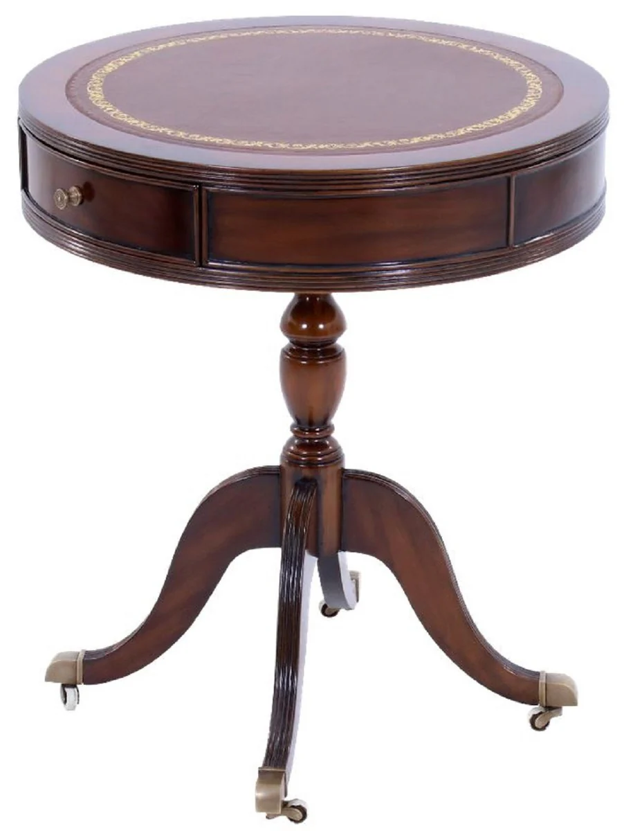 Luxus Barock Beistelltisch Dunkelbraun / Messingfarben / Braun / Gold Ø 51 x H. 59 cm - Runder Mahagoni Tisch mit Schubladen und edlem Echtleder - Barock Mahagoni Möbel