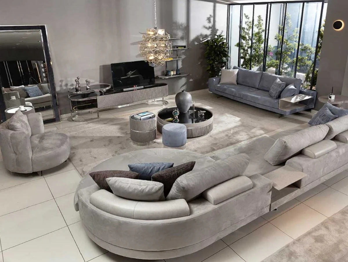 Luxus Ecksofa Grau / Silber 430 x 100 x H. 65 cm - Wohnzimmer Sofa - Wohnzimmer Möbel - Luxus Möbel - Luxus Wohnzimmer Einrichtung