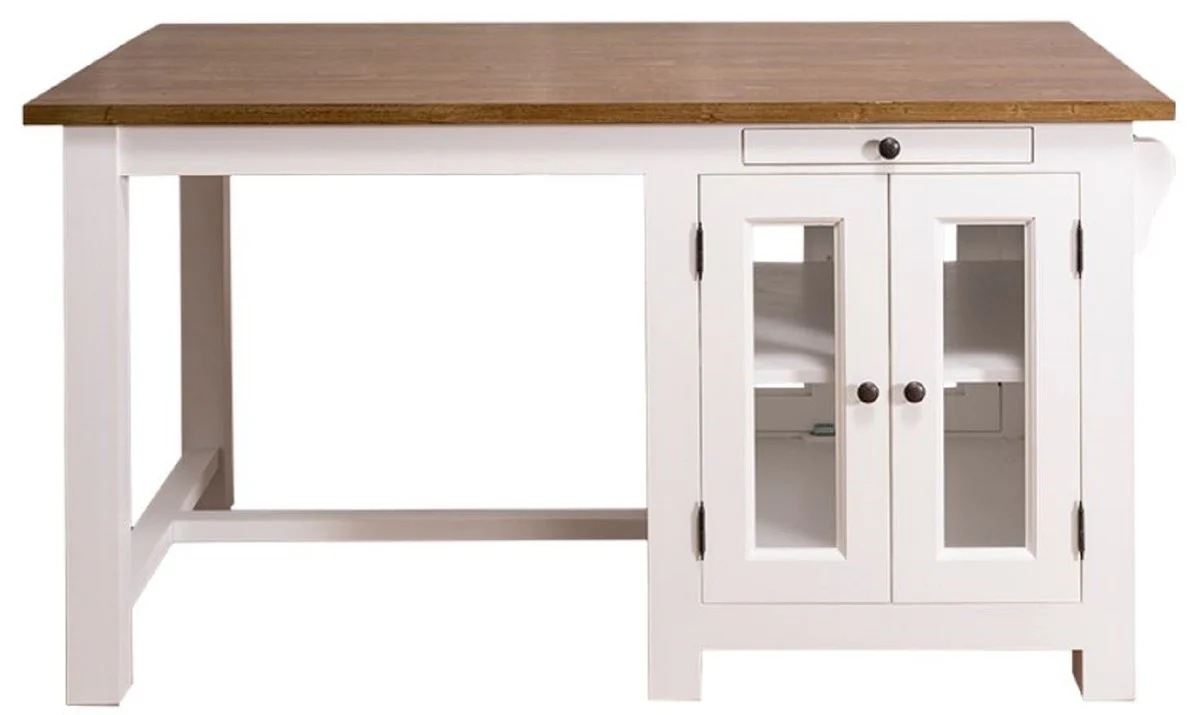 Landhausstil Kücheninsel mit 4 Glastüren und 2 Schubladen Weiß / Dunkelbraun 150 x 85 x H. 80 cm - Landhausstil Küchenmöbel