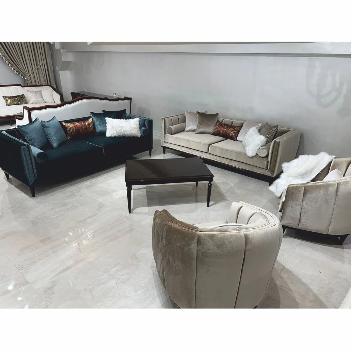 Luxus Art Deco Samt Sofa Olivgrün / Dunkelbraun 235 cm - Wohnzimmer Möbel