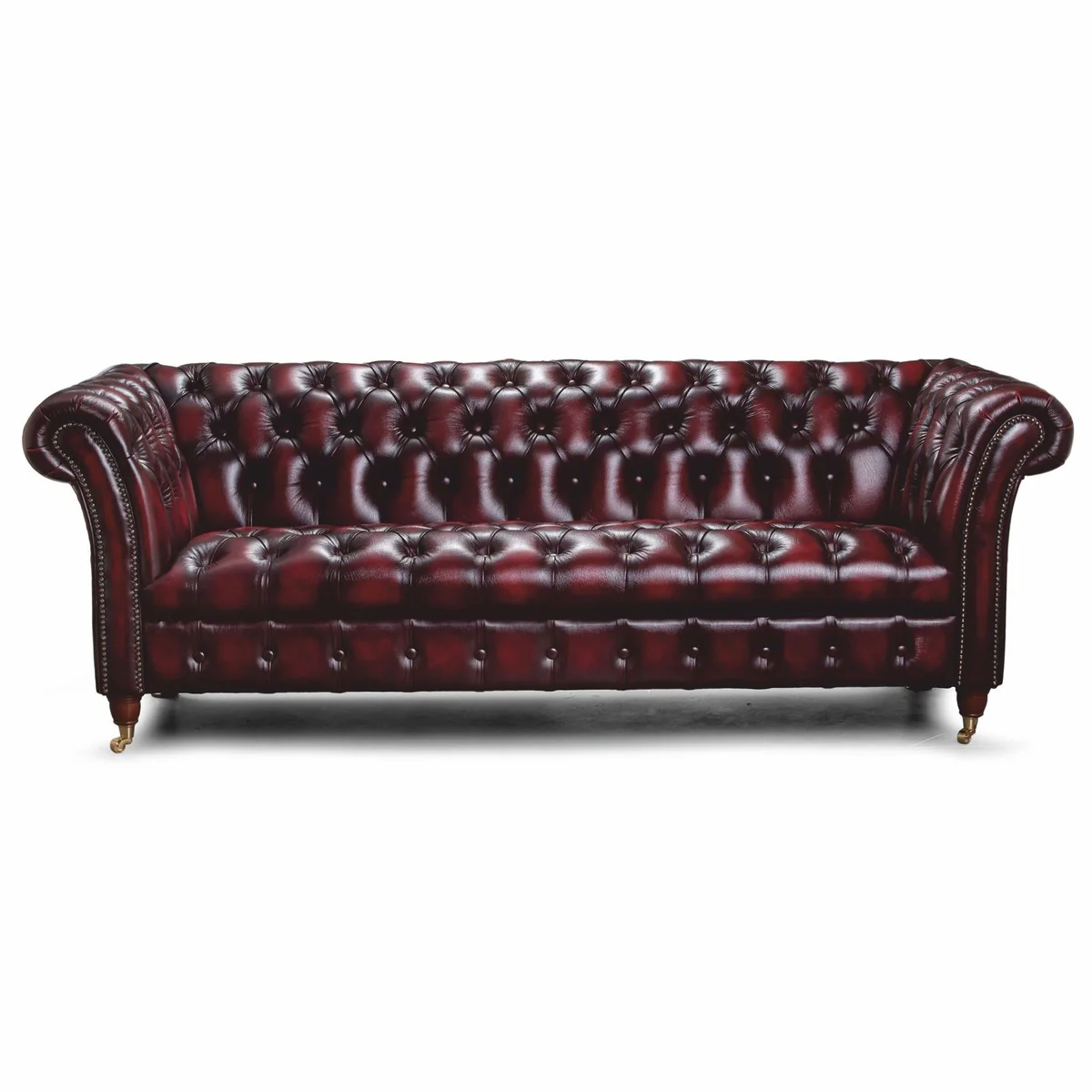 Luxus Chesterfield Leder 3er Sofa Dunkelweinrot / Messing 235 cm - Echtleder Möbel