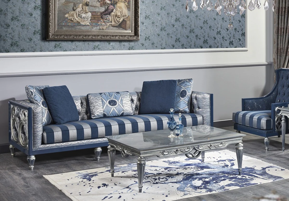 Luxus Barock Chesterfield Sofa Blau / Silber gestreift 250 x 92 x H. 85 cm - Wohnzimmermöbel im Barockstil