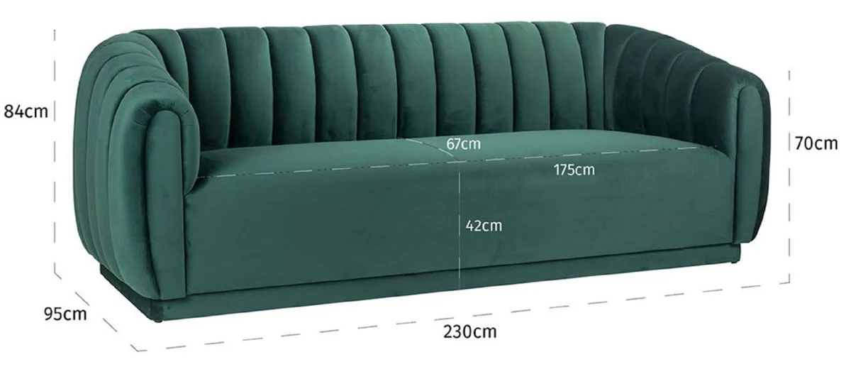 Luxus Samt Sofa Grün 230 x 95 x H. 84 cm - Wohnzimmer Sofa - Wohnzimmer Möbel - Luxus Möbel - Wohnzimmer Einrichtung - Luxus Einrichtung - Luxus Qualität
