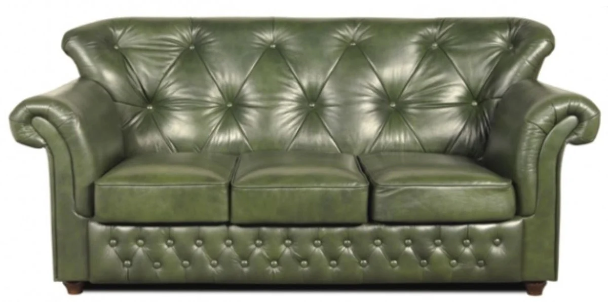 Chesterfield Echtleder 3er Sofa in grün mit dunkelbraunen Füßen 200 x 80 x H. 85 cm - Luxus Qualität