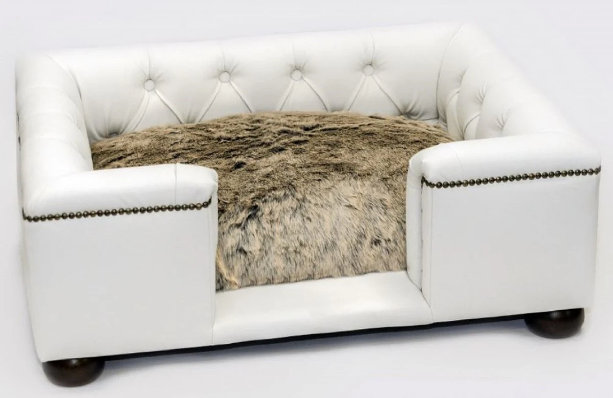 Luxus Chesterfield Leder Hundebett Weiß / Schwarz / Braun 95 x 75 x H. 37 cm - Rechteckiges Echtleder Hundebett - Luxus Chesterfield Leder Tiermöbel