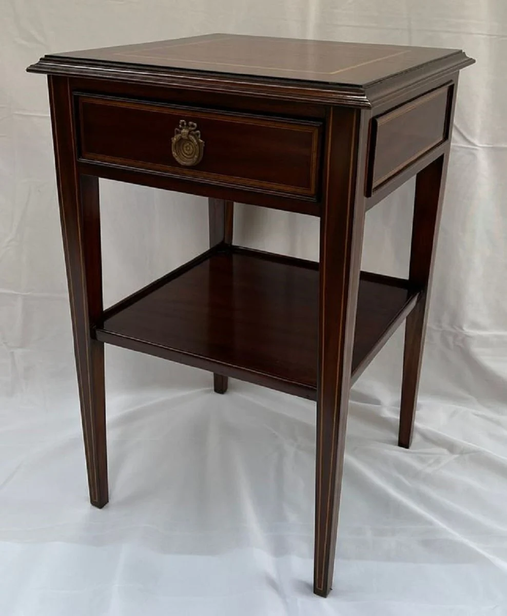 Luxus Jugendstil Mahagoni Beistelltisch mit Schublade Braun 40 x 40 x H. 61 cm - Massivholz Nachttich - Barock & Jugendstil Möbel