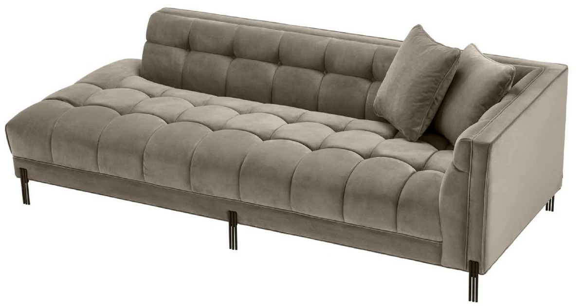 Luxus Lounge Sofa Greige / Schwarz 223 x 95 x H. 68 cm - Rechtsseitiges Wohnzimmer Sofa mit edlem Samtsoff und 2 Kissen