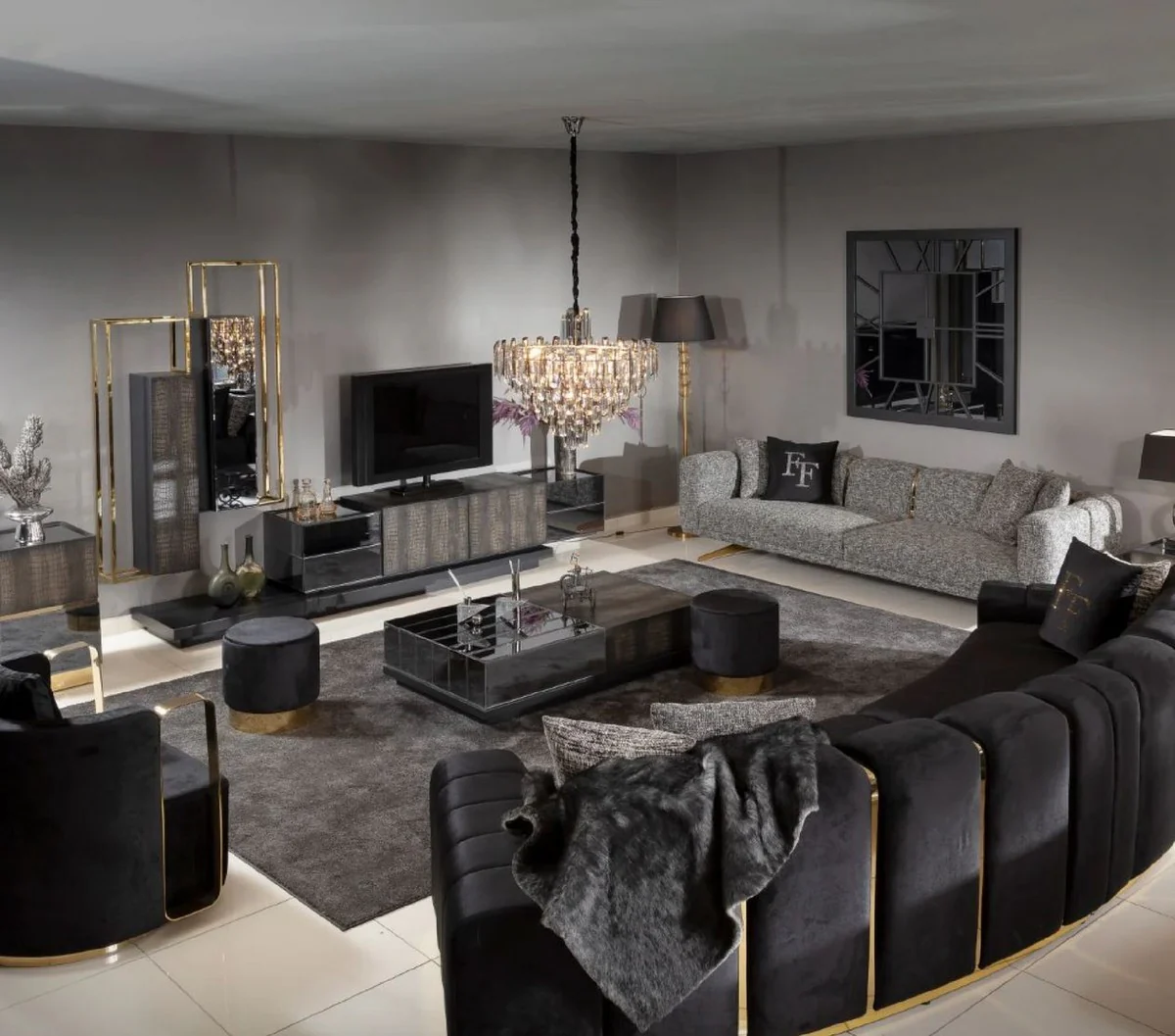 Luxus 5er Sofa Schwarz / Gold 420 x 100 x H. 80 cm - Gebogenes Wohnzimmer Sofa - Hotel Sofa - Wohnzimmer Möbel - Hotel Möbel - Luxus Möbel - Luxus Einrichtung