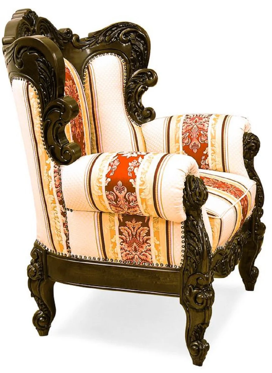 Luxus Barock Wohnzimmer Set Creme / Gelb / Rot / Dunkelbraun - 2 Barock Sofas & 2 Barock Sessel & 1 Barock Couchtisch - Wohnzimmer Möbel im Barockstil - Edel & Prunkvoll